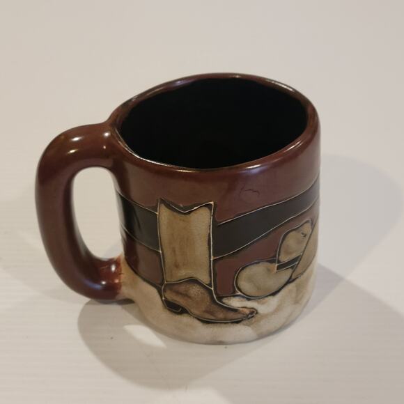 Mara Mexico Pottery Large 16oz Mug Cowboy Hat boots Two Toned Brown Beige - Picture 1 of 9
